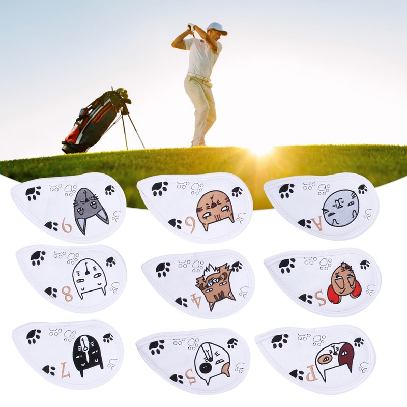 9PCS PU Leather Embroidery Waterproof Golf Putter Head Cover Iron