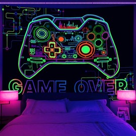 Blacklight Game Themed Tapestry Wall Hanging, UV Reactive Game Over Gaming Wall Art Tapestris for Guys Men Boys, Tapestry Wall Art for Game Room Bedroom Party Office