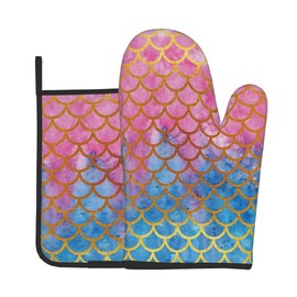 Pink Mermaid Scale Oven Mitts Pot Holders Set of 2, Kitchen Heat Resistant Hot Pads for Women Men Cooking BBQ Baking
