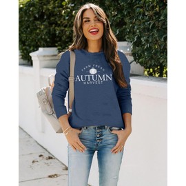 TAOHONG Fall Sweatshirt for Women Farm Fresh Autumn Harvest Sweatshirt Funny Pumpkin Long Sleeve Pullover Top Blouse Navy Blue