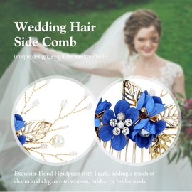 Cinaci 18 Pieces Bridal Wedding Party Prom Pearl Rhinestone Royal Blue Flower Hair Side Combs Slides+U-shaped Flower Hair Pins+Twist Spiral Hairpins Floral Headpieces for Brides Bridesmaids Women Girs
