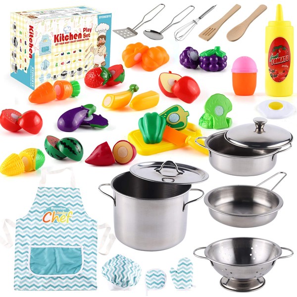 35 Pcs Kitchen Pretend Play Accessories Toys,Cooking Set with Stainless Steel Cookware Pots and Pans Set,Cooking Utensils,Apron,Chef Hat,and Cutting Play Food for Kids,Educational Learning Tool
