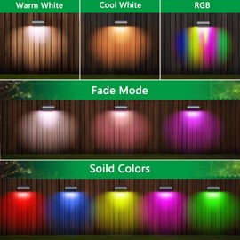 Super Bright Solar Fence Lights, 4 Pack Outdoor Wall & Deck Lights, 60 Lumen Waterproof, 8 Modes Warm & Cool White, RGB, for Backyard, Garden, Fence, Wall, Deck Railing, Stairs, Outdoor Decor
