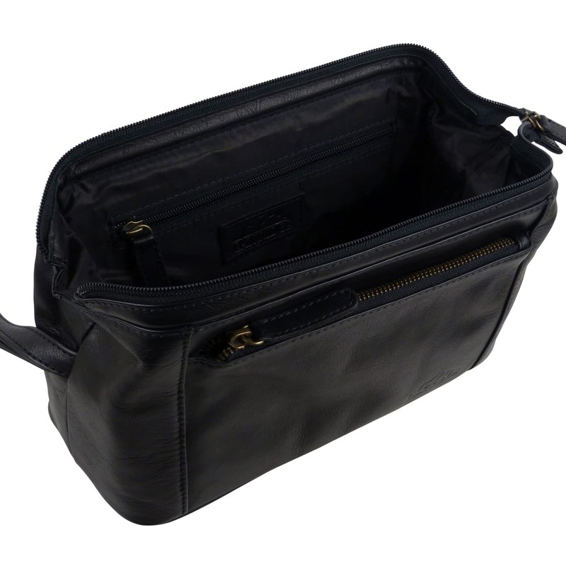 Oakridge Leather Mens Top Frame Washbag/Toiletry Bag - Black