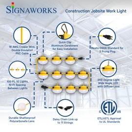Signaworks 3 Prong 100ft 10 Light LED Construction String Lights 100W 10000LM Ultra Bright Temporary Jobsite Outdoor Work Light & Carabiner Clips ETL Certified 3 Prong Meets OSHA Grounding Requirement