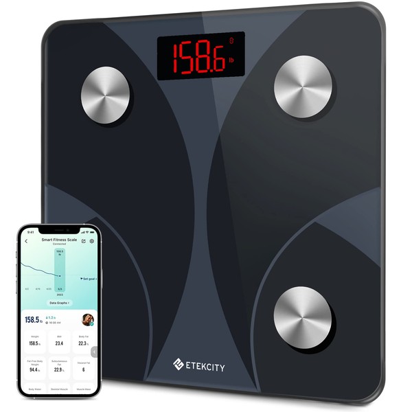 Etekcity Scale for Body Weight and Fat Percentage, Smart Digital LED Bathroom BMI Measurement, Accurate Bluetooth Weighing Machine, Body Composition Analyzer, Ash-black, 400lb