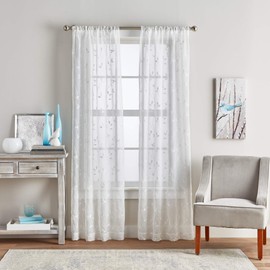 Curtainworks Botanical Embroidery Sheer Window Curtain Collection, Rod Pocket, 63-inch Panel Pair, White