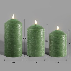 Eywamage Green Flameless Pillar Candles with Remote, Real Wax Christmas LED Candles Battery Operated Flickering Set of 3