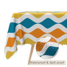 TTQYFNM 60x102inches Mid Century Tablecloth Orange Yellow Turquoise Geometric Stripes Table Cloth Waterproof Stain Resistant Rectangle Table Cover for Dining Room Home Decor Cafe Indoor Outdoor Use