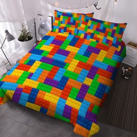 BlessLiving Colorful Toy Bedding Sets for Kids Boys Building Block Duvet Cover Set Single Size Cute Yellow Green Blue Bed Quilt Cover for Teen Girls (Single)