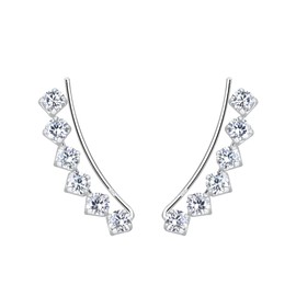 Heather Needham Sterling Silver Curved Line Cubic Zirconia Ear Climber Earrings for Women or Girls - Size 6 x 18 mm - Gift Boxed (Silver)