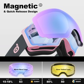 Odoland Unisex Ski Goggles for Men and Women Boys Frameless Snowboard Goggles with Magnetic Interchangeable Lens UV Protection Anti-fog Snow Goggles Helmet Compatible Ski Goggles for Skiing CP