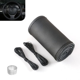 Ferianl Genuine Leather Steering Wheel Cover, 15 Inch Hand Sewing Steering Wheel Wrap, Anti Slip Car Steering Wheel Protector Covers, DIY Sewing with Needle Thread, for Most Vehicle (Black, Hole)