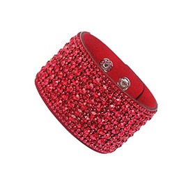 Caiyao Boho Bangle Leather Bracelet for Women Rhinestone Bangle Bracelet for Teen Wide Edge Bracelet Leather Wrap Cuff Bracelet-red