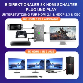 8K High Definition Remote Switch - HDMI 2.1 Switch 1 in 3 Out & 3 in 1 Out, Bi-Directional Switch, Supports 8K@60Hz / 4K@120Hz