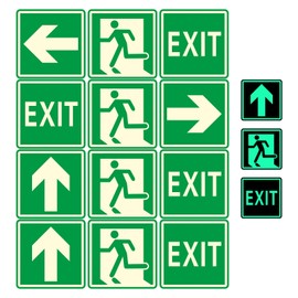 12 Pcs Self-Adhesive Emergency Exit Sign with Arrow 6x6 Inch, Acrylic Exit Photoluminescent Small Sign Glow in the Dark Stickers Water and Fade Resistance for Schools, Offices, Businesses, Hospitals, Exterior