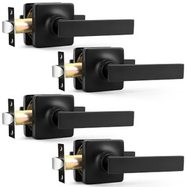 GOBEKOR 4 Pack Matte Black Door Levers Interior Passage Door Handles Square Hall Closet Door Handles Keyless Interior Non-Locking Lever Sets Reversible for Right/Left Side