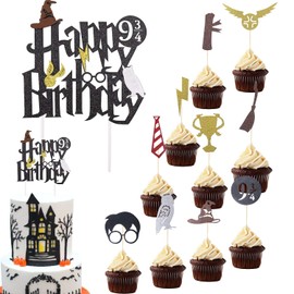 BlingABC 11 piezas de decoración mágica para tartas de mago de feliz cumpleaños, mago de la escuela, decoración de mago negro con purpurina para niños, baby shower, suministros de decoración de fiesta de cumpleaños