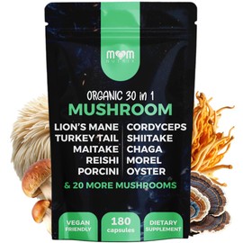 MOM NUTRIX 30 in 1 Ultimate Mushroom Supplement - 180 Mushroom Capsules, Organic - Lion’s Mane, Cordyceps, Chaga, Reishi, Turkey Tail, Mitake, Shiitake & More - Brain & Immune Support