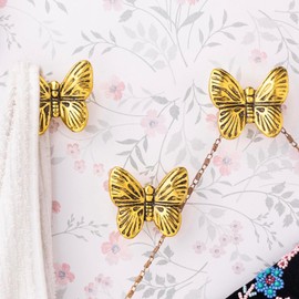 Indian Shelf 3 Pack Decorative Aluminium Butterfly Cute Kids Wall Hooks Heavy Duty Coat Rack Wall Mount Vintage Gold Towel Hooks for Hanging Coats, Backpack, Purse, Hat, Jewelry & More