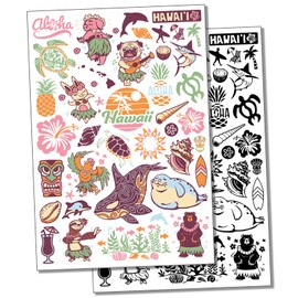 Hawaii Tropical Island Ocean Vacation Temporary Tattoo Water Resistant Fake Body Art Set Collection - Black (One Sheet)