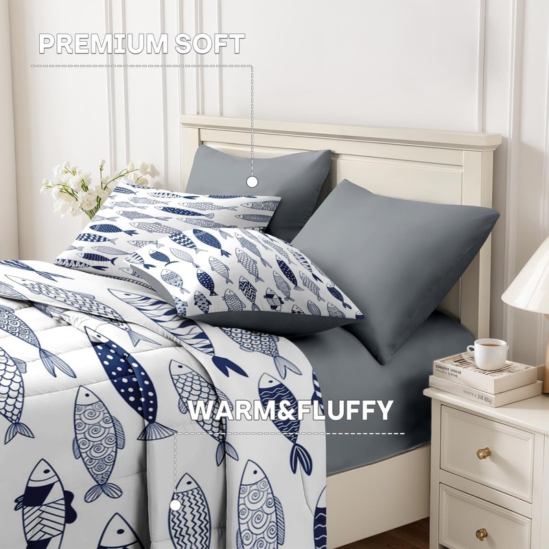 Nesker 5 Pcs Comforter Set Twin Size, Fish Nautical Blue