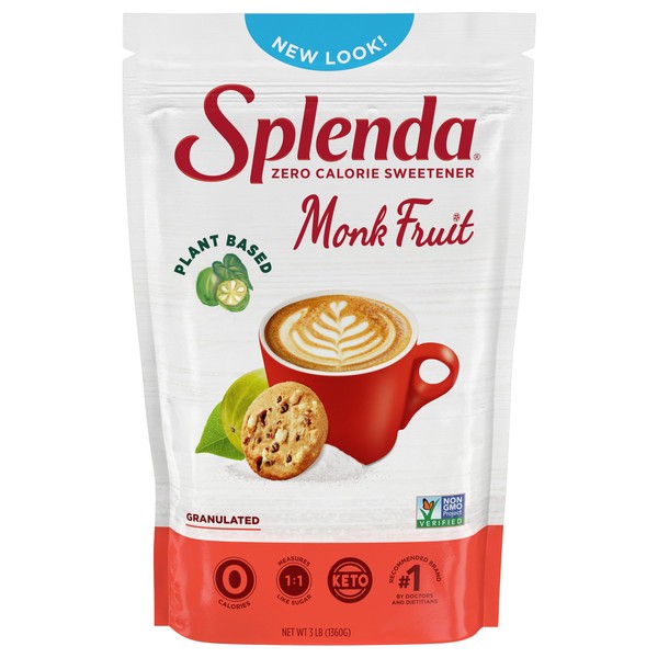 Splenda Monk Fruit Zero Calorie Plant Based Granulated Sweetener, 3 Pound Resealable Bag