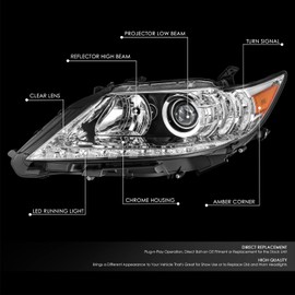 DNA MOTORING Left OE Style Projector Headlight Compatible with 13-15 Lexus ES300H ES350, Chrome/Clear Lens/Amber Corner,OEM-HL-0166-L