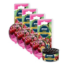 AREON Ken Car Air Freshener - Californian Cherry, Long-Lasting Fragrance - Portable Fragrant Deodorizer with Adjustable Odor Output - Automobile Accessories & Essentials - 1.23 Oz. Cans, Pack of 4