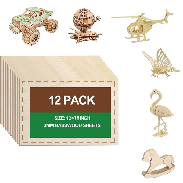 12 Pack Basswood Sheets 12"x18"x1/8", 3mm Basswood for Laser Cutting,