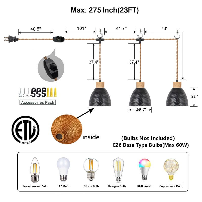 ALAISLYC 3-Light Plug in Pendant Light 22FT Industrial Hanging Lamp