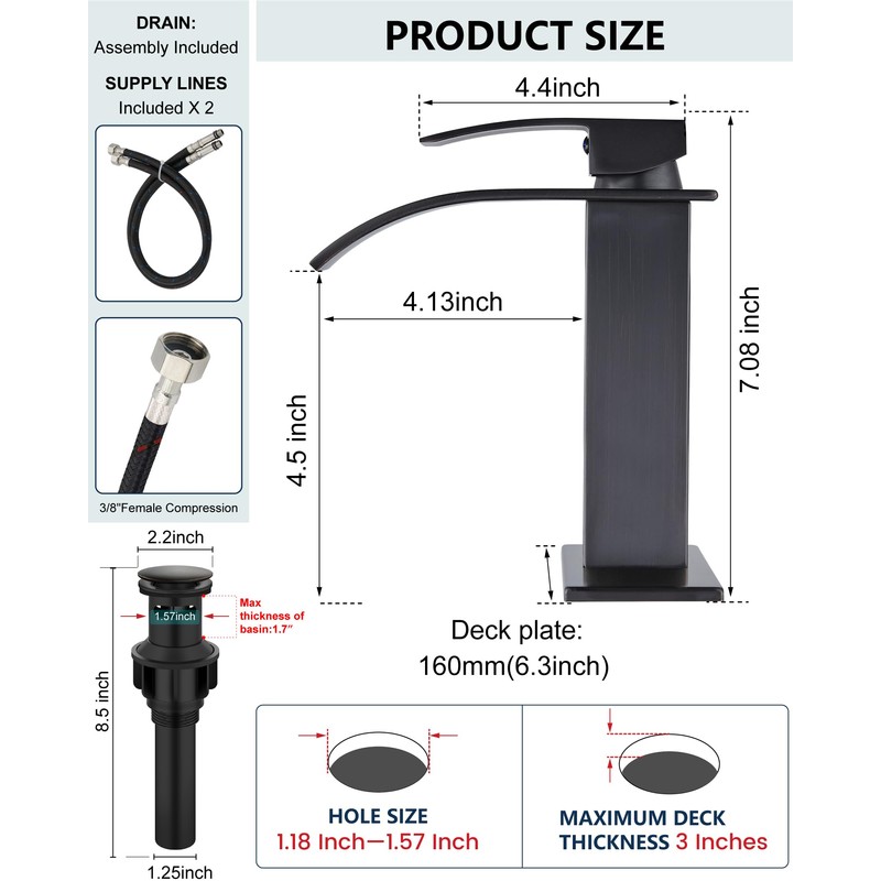 Midanya Bathroom Faucet with Waterfall Spout, Single Hole or 3-Hole