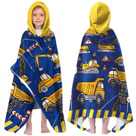 Engineering Vehicle Boys Beach Towel with Hoodie for Kids Toddlers Age 4-8,Car Blue Bath Towels Shower Wrap for Boys, Hooded Beach Blanket for Pool Swimming Cute Wearable Bath Towel for Child