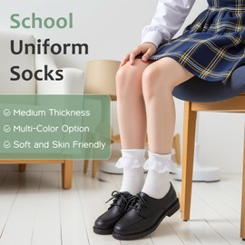 HONGTEYA 6 Pairs Girls White Ruffle Socks School Uniform Dress Socks for Kids Seamless Crew Ankle Cotton Size 4-14 Years (US, Age, 6 Years, 8 Years, Lace)