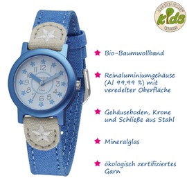 JACQUES FAREL Organic Children's Watch Girls Analogue Quartz with Textile Strap Made of Organic Cotton Blue Grey Stars Sustainable ORG 01 STA, blue, Strap.