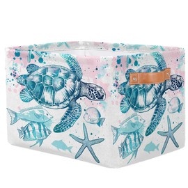 Peaom Sea Turtle Starfish Storage Basket for Shelves, Storage Bins with Handles, Collapsible Basket for Organizing, Closet Toy Baskets for Nursery Room, 15x11x9.5 in, Canvas, Ocean Tropical Fish