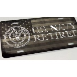 Diamond Etched Products Laser Engraved US Flag Diamond Etched Navy Retired Car Tag Vanity License Plate