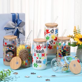 SiliFine 6 Pcs Autism Mom Gifts Tumbler 16 oz Autism Awareness Glass Cups with Lids and Straws Can Shape Autistic Iced Coffee Cup for Autistic Mom Teacher