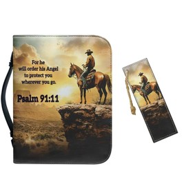 PU Leather Bible Covers for Men Bible Case Bible Bag Tote with Leather Bookmark,Western Cowboy and Psalm 91:11