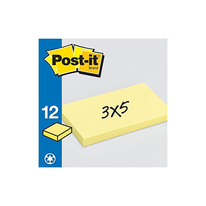 Post-it 655RPYW Recycled Note Pads, 3 x 5, Canary Yellow,