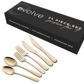 EVOLVE 18/8 Stainless Steel Silverware Set for 4 - Complete 24 Piece Utensil Sets - Elegant and Ergonomic Design- Dishwasher Safe Cutlery Set -Stylish & Mirror Finish, Rust-Proof Flatware (Champagne)