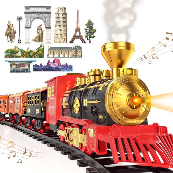 Train Sets with Steam Locomotive Engine, Cargo Car and Tracks, Battery Powered Play Set Toy w/Smoke, Light & Sounds, for Kids, Boys & Girls 3 4 5 6 7 Years Old