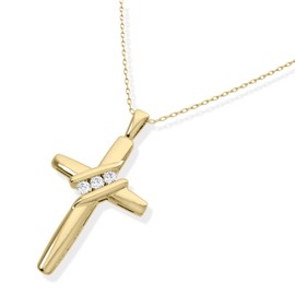 EternalDia 10K Gold Diamond Three-Stone Cross Necklace for Women Men | 18” Chain with Spring Ring Closure | Jewelry Pendant Necklace In 925 Sterling Silver, 0.05cttw, Color I-J , Clarity- I2-I3 | Mothers Day Gift