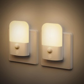 Pack of 2 Night Light Socket with Motion Sensor, 5 Adjustable Brightness Levels, Night Light, On/Off/Auto Modes, 2700 K Warm White Sockets Light for Hallway, Bedroom, Stairs, Children's Room, Kitchen