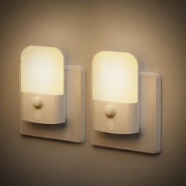 Pack of 2 Night Light Socket with Motion Sensor, 5 Adjustable Brightness Levels, Night Light, On/Off/Auto Modes, 2700 K Warm White Sockets Light for Hallway, Bedroom, Stairs, Children's Room, Kitchen