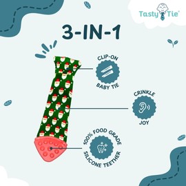 Tasty Tie Teething Tie, 3-in-1 Clip-on Baby Tie, Crinkle Toy & Silicone Teether for 3-6-9-12-18 Month Babies, Unique Baby Boy Gift or Stocking Stuffer, Santa Claus Style
