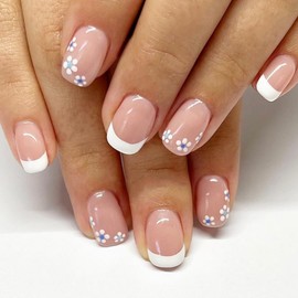 RUPOFUZA Pink Short Press On Nails Stick On Nails Short Fake Nails Design Glossy Acrylic Nails White French Tips with White Flowers Glue On Nails False Nails With Nail Glue Kit For Women