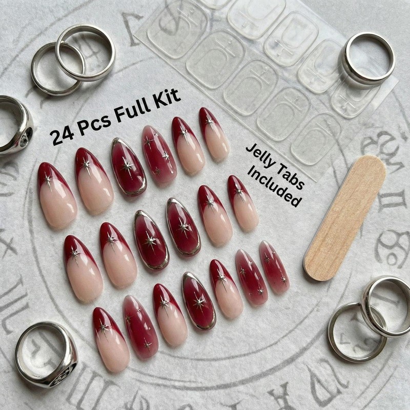 Burgundy Ombre Press On Nails - 24Pcs Almond French Tips