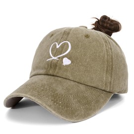 HeyCaps Women’s Ponytail Baseball Cap - Heart Embroidery Washed Adjustable Summer Sun Hat for Outdoor Travel Casual Wear Khaki