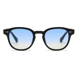 Long Keeper Retro Round Sunglasses - Vintage Sunglasses Round Men Women Classic Unisex Style Retro Johnny Depp Glasses with UV400 Protection, Black Frame - Blue Yellow Lens